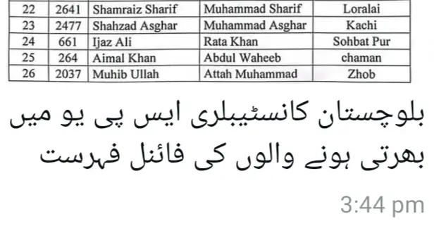 ںلوچستان کانسٹبلری سی پی یو میں بھرتی ہونے والوں کی فائنل فہرست ۔